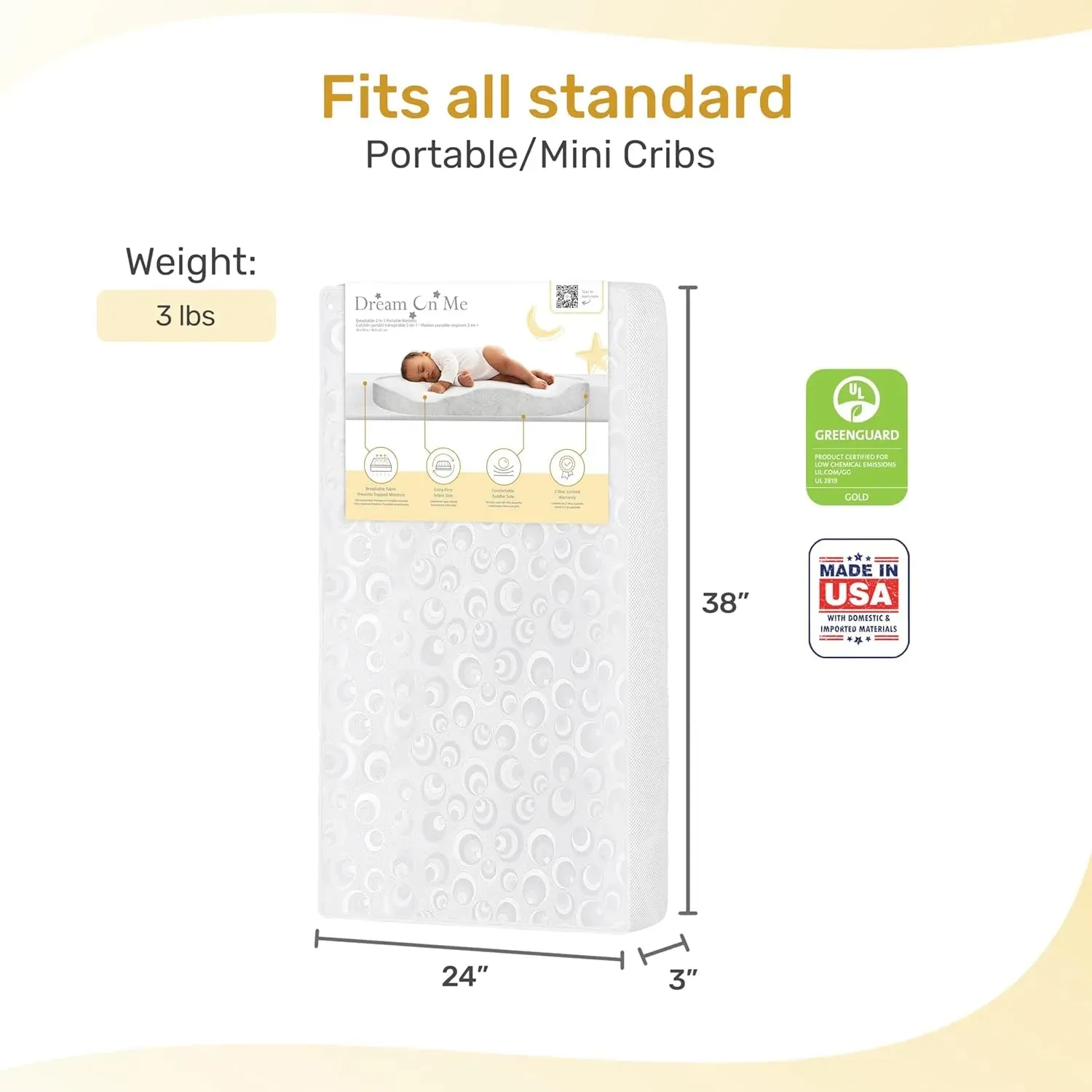 2-in-1 Breathable Two-Sided 3" Portable Mini Crib Mattress
