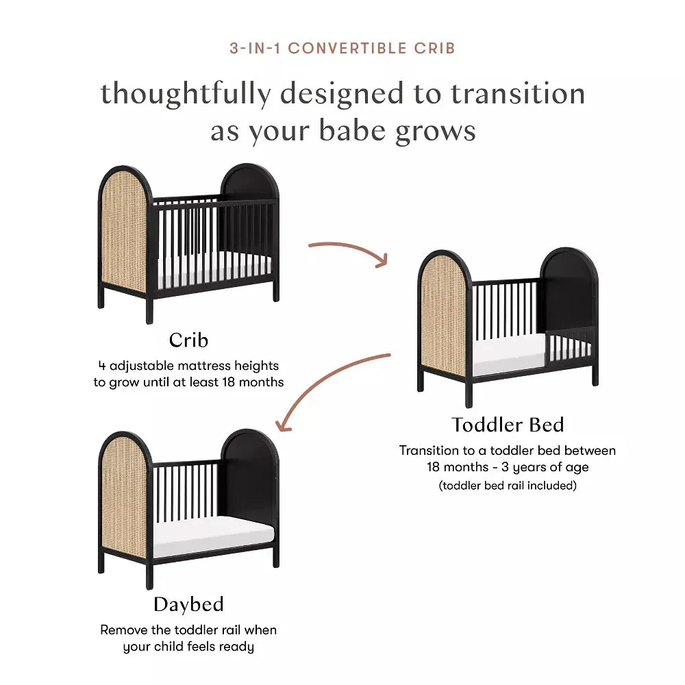 Bondi Cane 3-in-1 Convertible Crib w/ Toddler Bed Kit- Black with Natural Cane