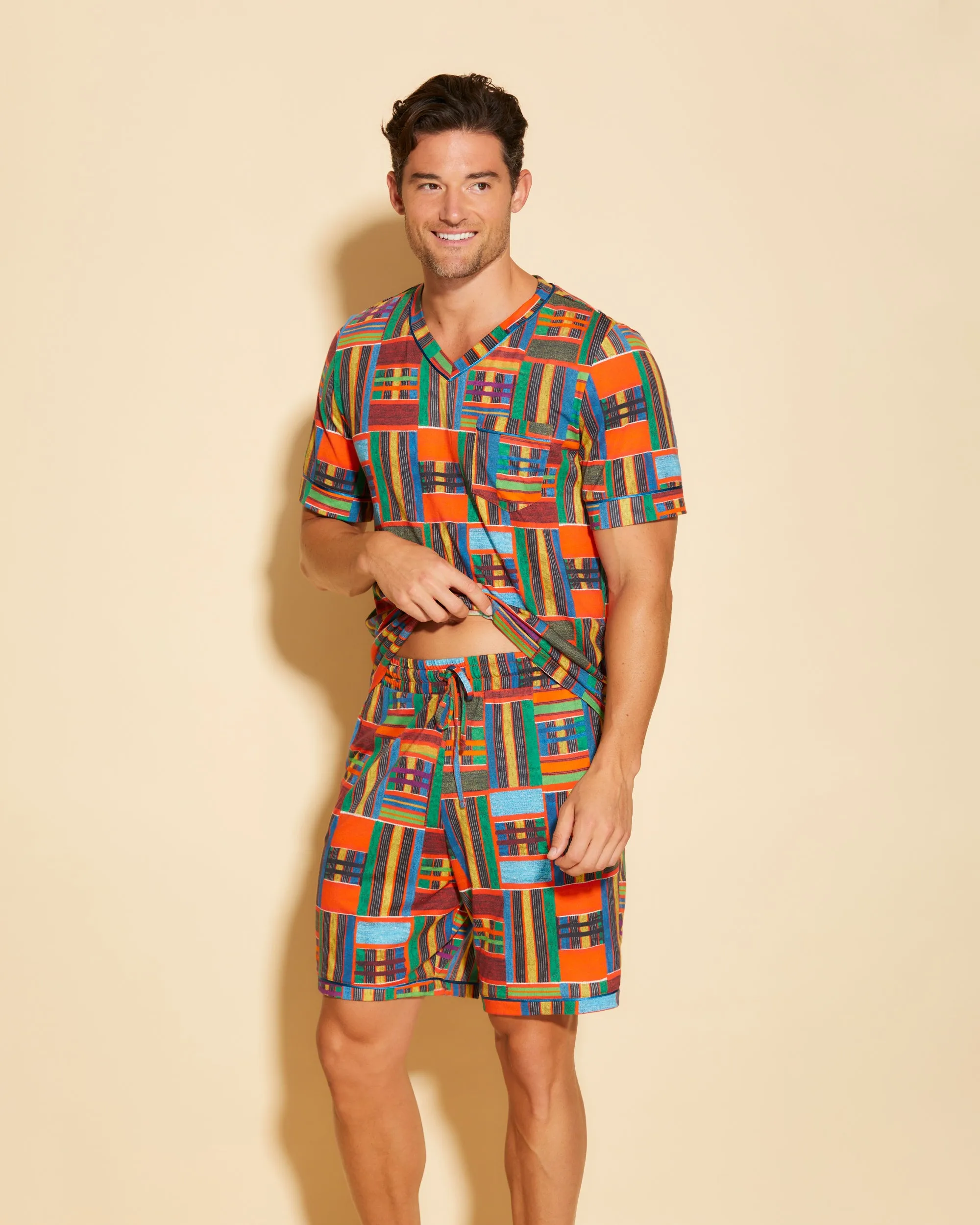 Conjunto De Pijama Para Hombre Con Camisa De Manga Corta Y Pantalones Cortos