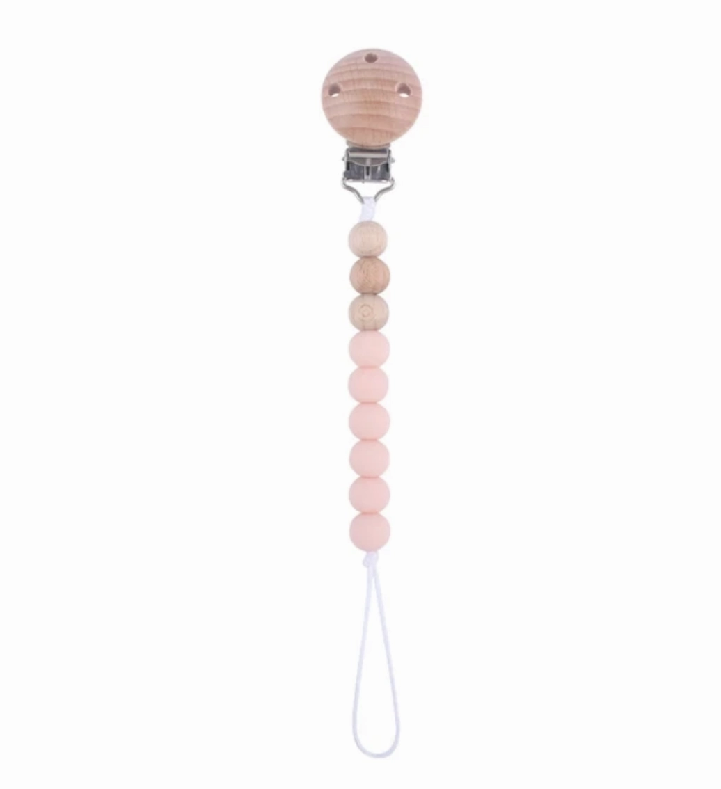 Silicone Beaded Pacifier Clip - Wood Top with 3 Holes