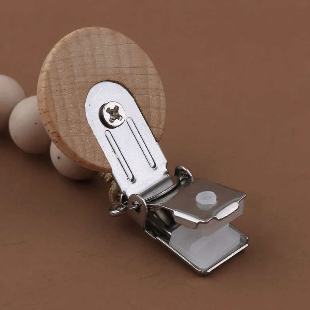 Silicone Beaded Pacifier Clip - Wood Top with 3 Holes